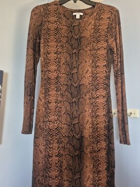Bar III Snake Print Bodycon Dress Long Sleeve Brown Size M